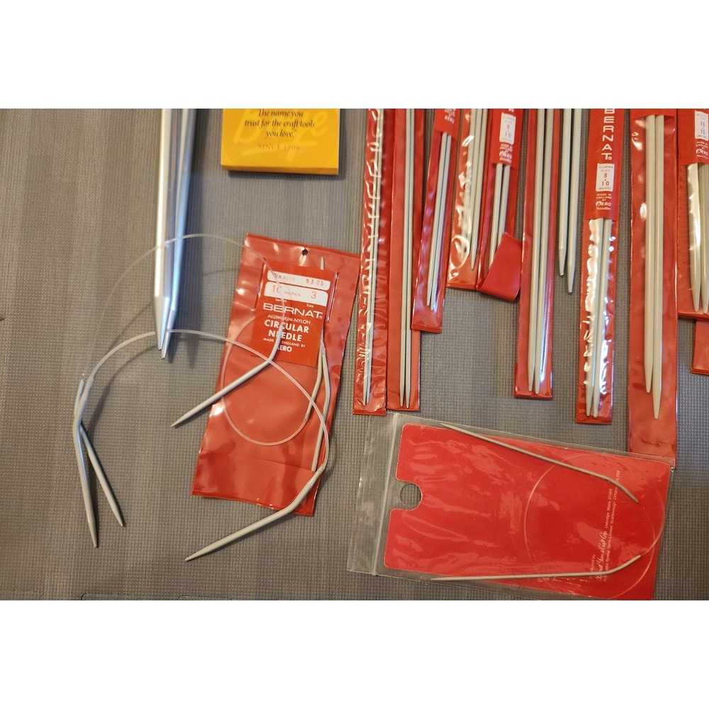 Vintage Bernat Boye Knitting Needle Lot Aluminum Plastic Straight Circular Sizes
